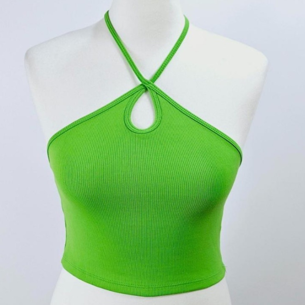 Neon Green Ribbed Halter Crop Top